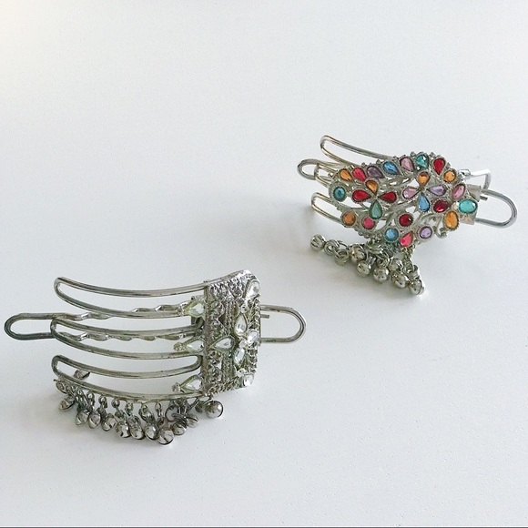 2 Vintage Indian Silver Jeweled Hair Clips - Picture 6 of 7